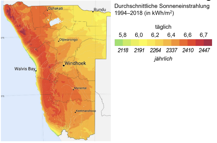 Karte von Namibia mit durchschnittlicher Sonneneinstrahlung 1994–2018.